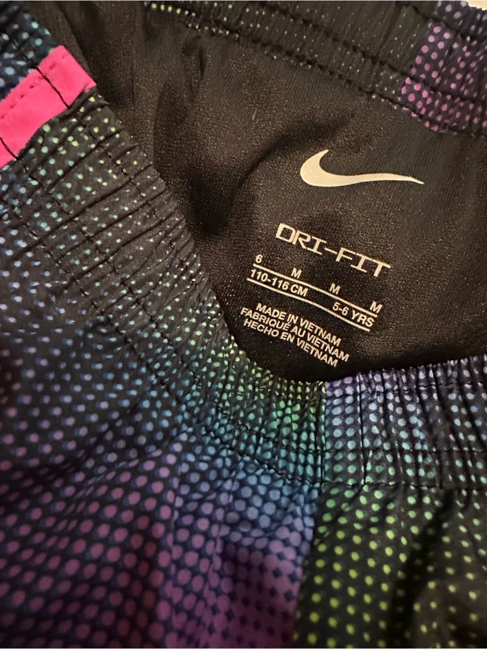 Nike Black Dri-FIT Running Shorts with Neon Pink Accent and Multicolor Dot Fade